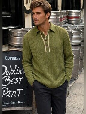 Thane 100% Wool Men's Olive Green V-Neck Collared Knit Sweater Size Extra Large